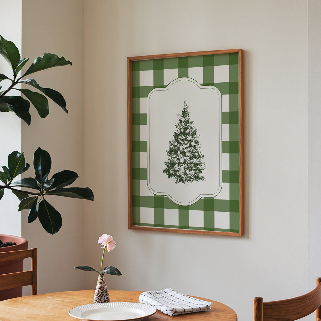 Vintage green gingham Christmas tree art print 13-228