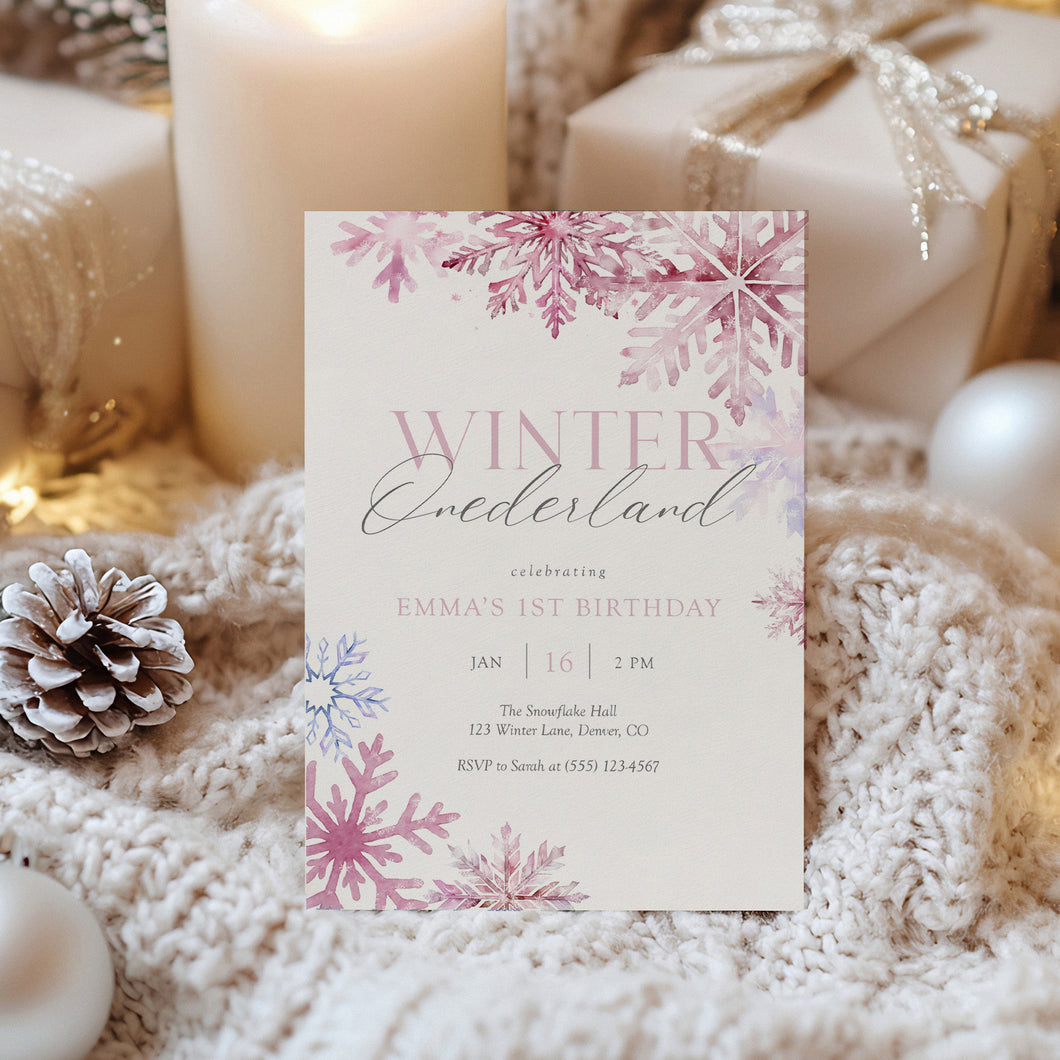 0319 Pink Winter ONE-derland 1st Birthday Invitation, Pink Snowflake Girl Winter Wonderland Invite