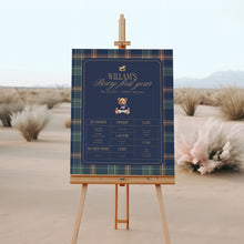 Load image into Gallery viewer, 0327 Teddy Bear Navy Plaid 1st Birthday Milestone Board Template | 12-Month Growth Chart Digital Download
