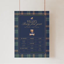 Load image into Gallery viewer, 0327 Teddy Bear Navy Plaid 1st Birthday Milestone Board Template | 12-Month Growth Chart Digital Download
