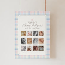 Load image into Gallery viewer, Bearly First Birthday Twins Milestone Board, Pink &amp; Blue Plaid 12 Monthly Photos, Digital Download 0327
