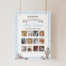 Load image into Gallery viewer, First Rodeo Milestone Board Boy Cowboy Birthday Sign Blue Gingham Western Birthday Poster Editable 0336
