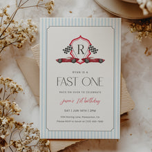 Load image into Gallery viewer, Fast One Red Monogram Crest 1st Birthday Invitation Editable, Boys Birthday 0330
