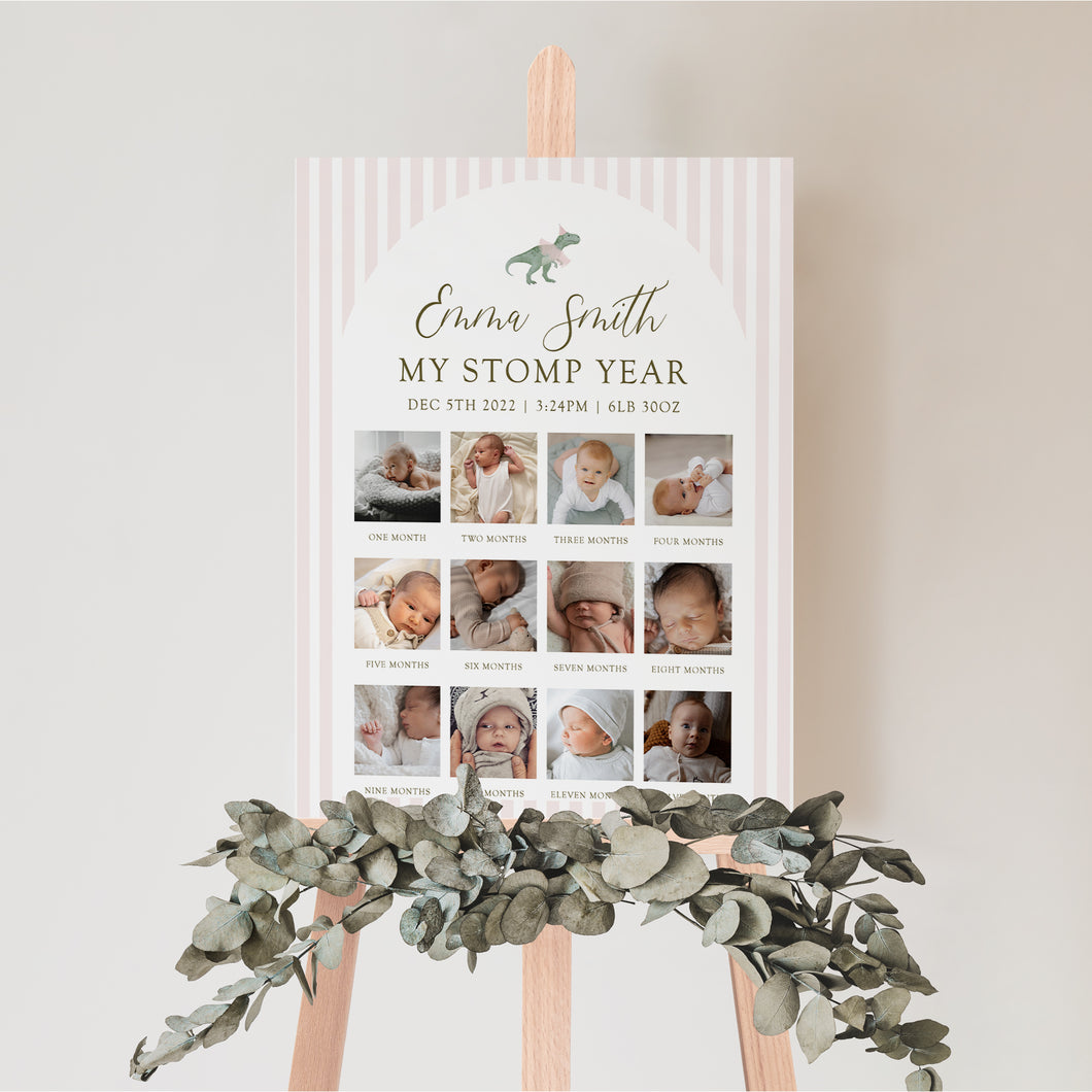 0323 Editable Pink T-rex TuTu Birthday Photo Milestone Board | Printable Party Sign & Decor | Digital Download