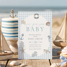 Load image into Gallery viewer, Sea You Soon Baby Shower Invitation, Blue Gingham Editable Template 2045
