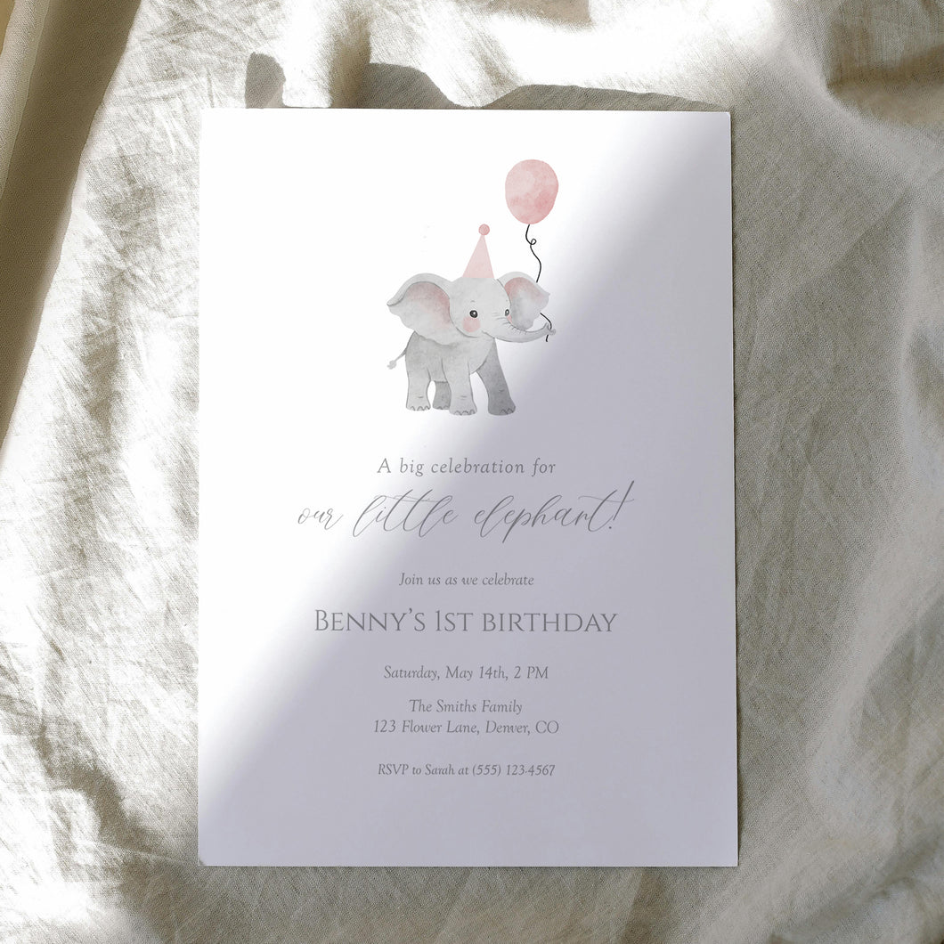 Pink Elephant Girl 1st Birthday Invite, Editable Digital Download Template 0324