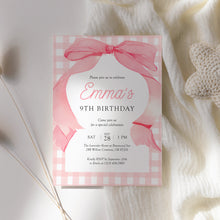 Load image into Gallery viewer, 0318 pink bow gingham birthday invitation
