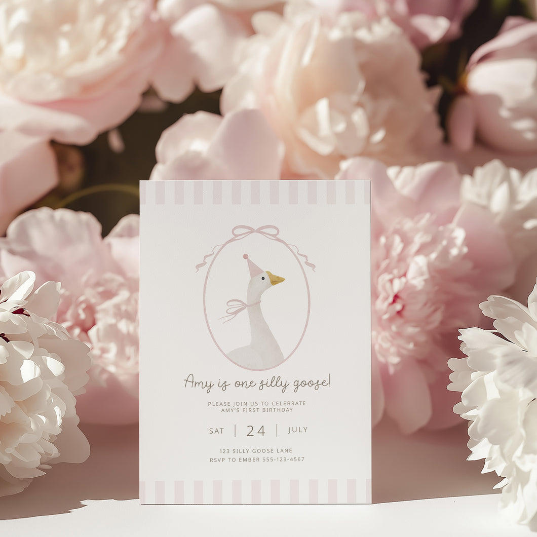 0308 Pink Silly goose birthday invitation