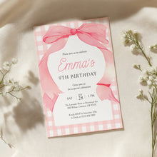 Load image into Gallery viewer, 0318 pink bow gingham birthday invitation
