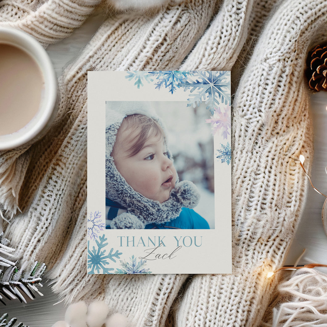 0319 Editable Blue Snow Flakes Winter Onederland Photo Thank You Card Template - Digital Download