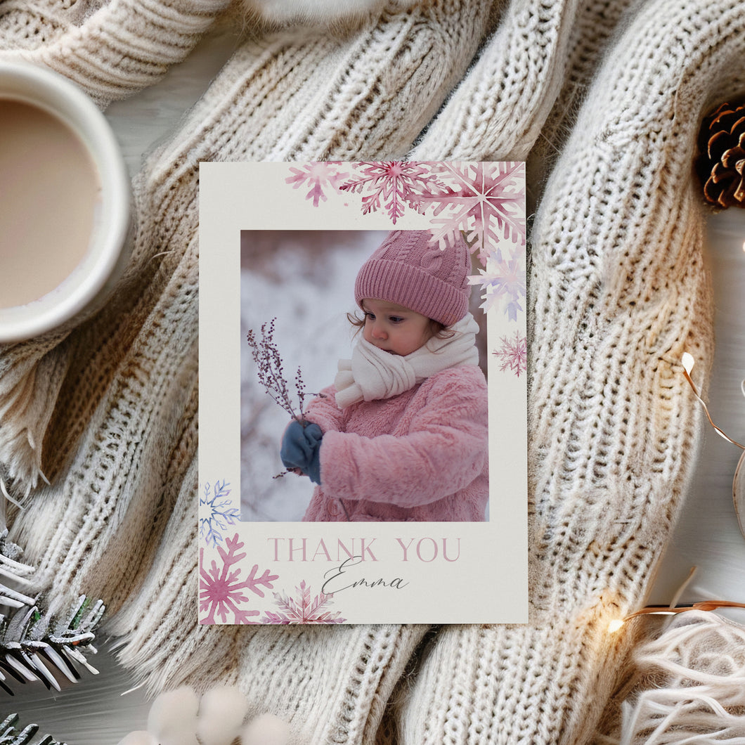 0319 Editable pink Snow Flakes Winter Onederland Photo Thank You Card Template - Digital Download