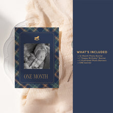 Load image into Gallery viewer, 0327 Navy Tartan Teddy Bear First Birthday Photo Banner Template, Digital Download

