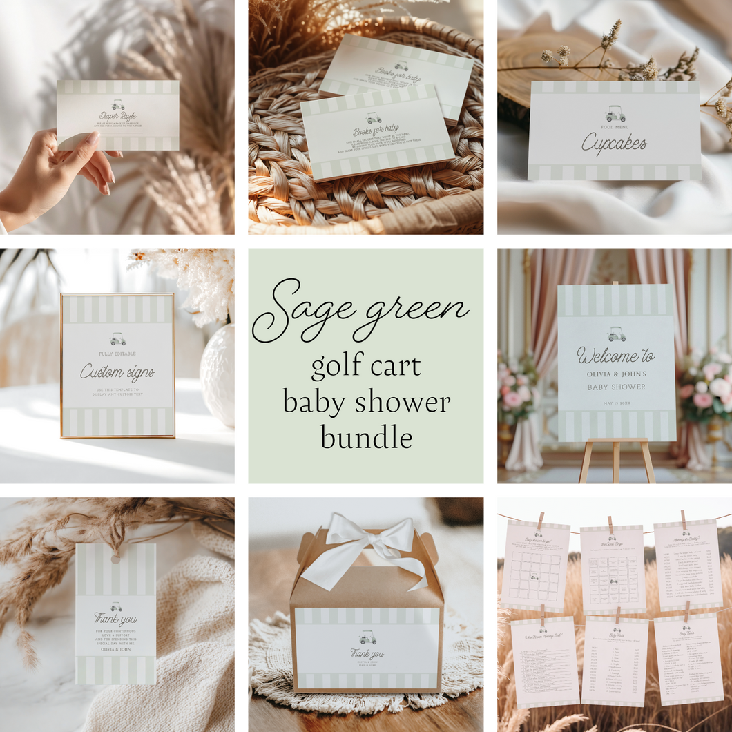 Sage green Editable Golf cart Baby Shower bundle, Custom digital baby shower invitation template, Classic minimal design 0206