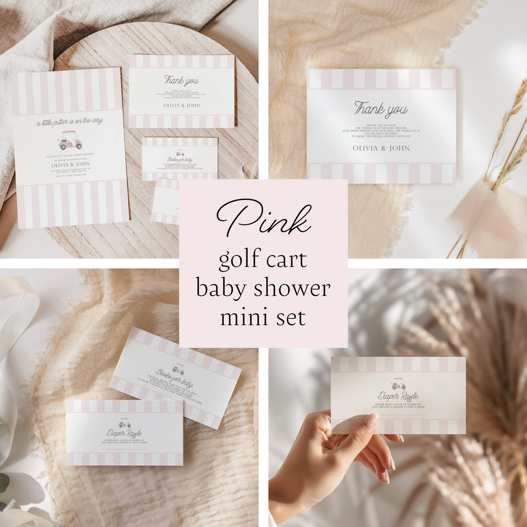 Editable Pink Golf cart Baby Shower invitation mini set 0208