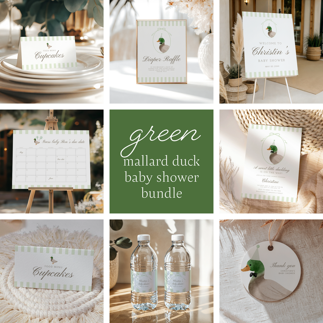 Green mallard duck baby shower party template bundle 2012