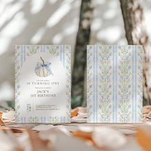 Load image into Gallery viewer, 0316 blue ivory pumpkin birthday invitation tempmlate
