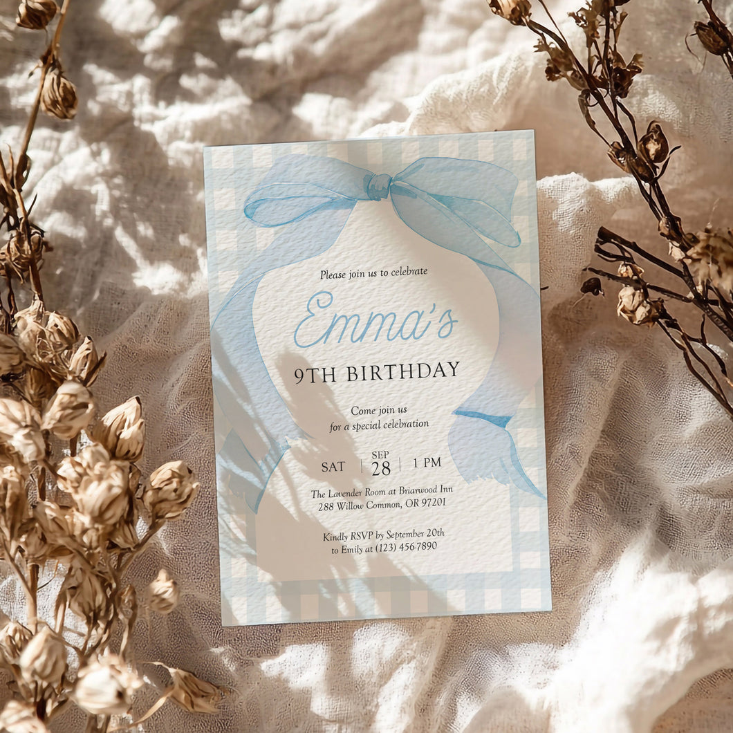 0318 blue bow gingham birthday invitation