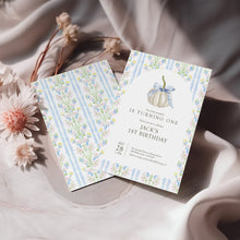 Load image into Gallery viewer, 0316 blue ivory pumpkin birthday invitation tempmlate
