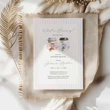 Load image into Gallery viewer, 2023 What’s Brewing Gender Reveal Invitation, Coffee Cup Bow Editable Template
