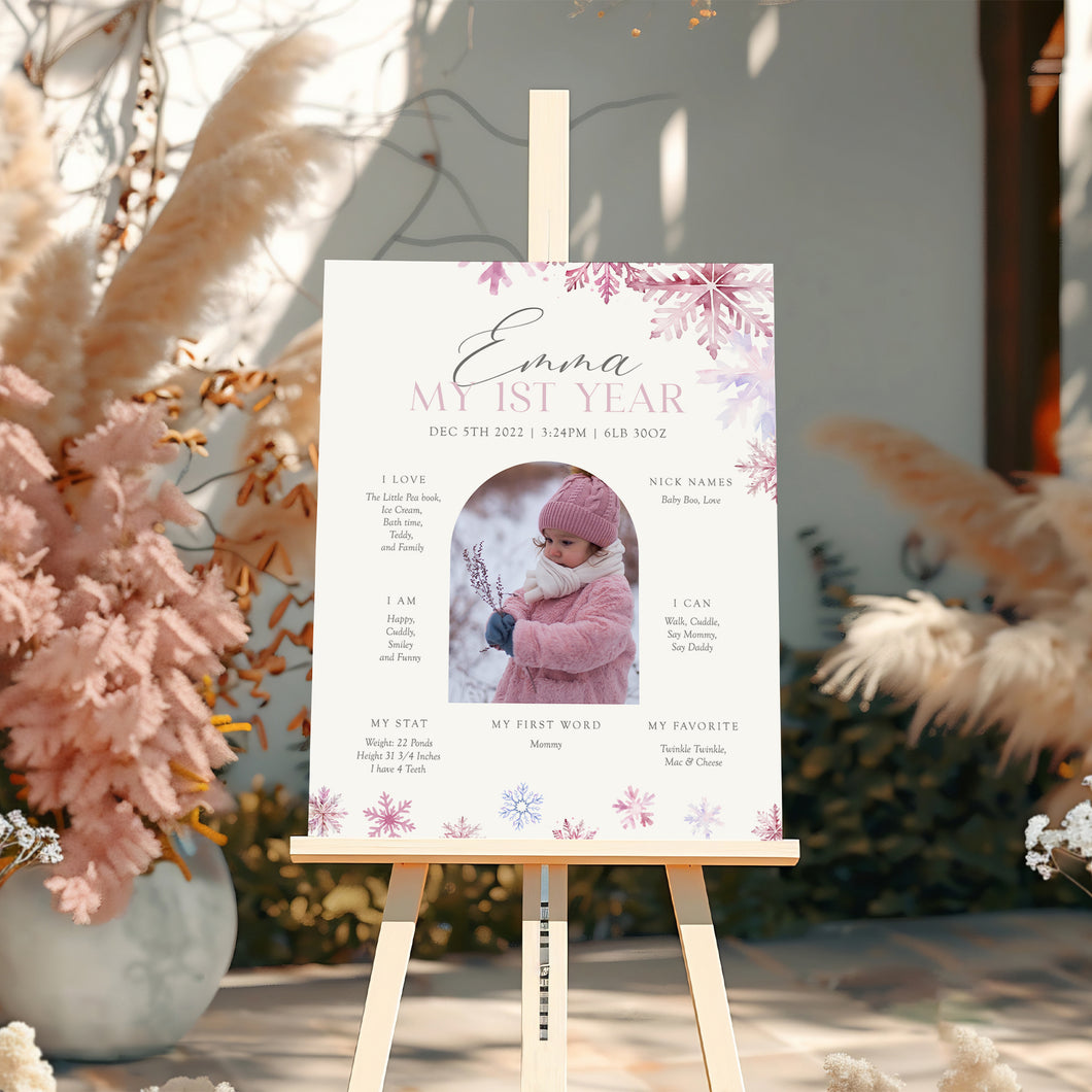 0319 Pink Snowflakes Winter Onederland Milestone Sign - Printable 1st Birthday Stats Template - Digital Download