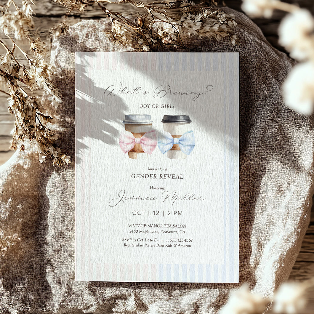 2023 What’s Brewing Gender Reveal Invitation, Coffee Cup Bow Editable Template