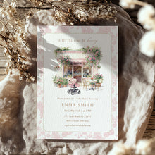 Load image into Gallery viewer, Baby Is Brewing Baby Shower Invitation, Pink Floral Cafe Editable Template Corjl 2044

