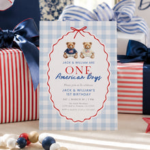 Load image into Gallery viewer, All American Twin Brothers 1st Birthday Invitation, 4th of July Joint Boy Birthday Template 0341
