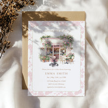 Load image into Gallery viewer, Baby Is Brewing Baby Shower Invitation, Pink Floral Cafe Editable Template Corjl 2044
