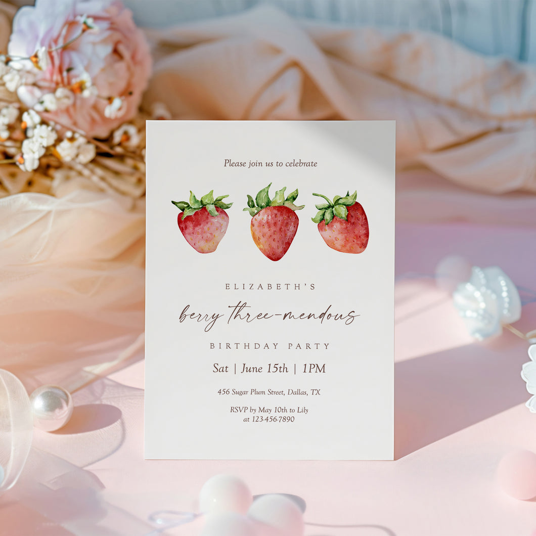 0326 Strawberry berry three-mendous 3 years Birthday Invite, Editable Template, Digital Download