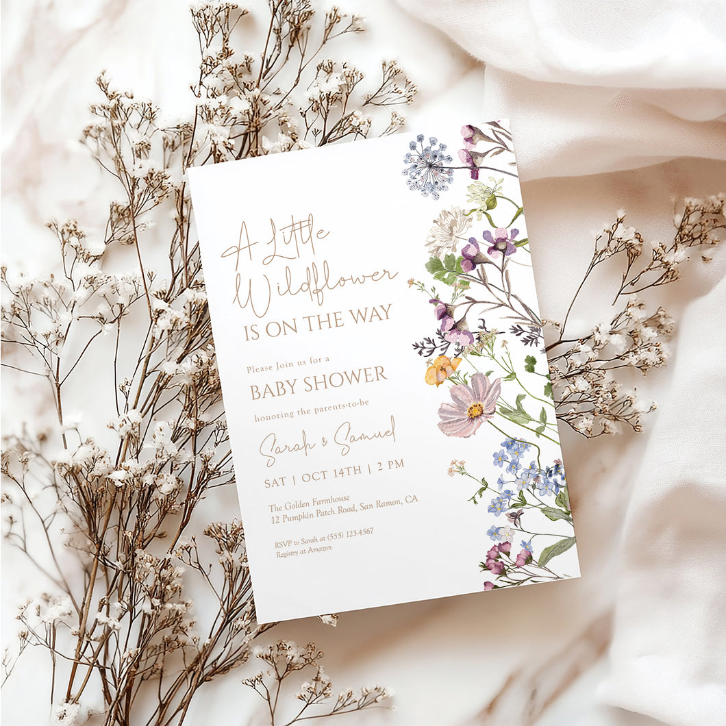 2025 little wild flower is on the wat baby shower invitation template