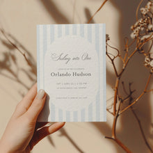 Load image into Gallery viewer, 0307 blue stipe birthday invitation
