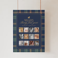 Load image into Gallery viewer, 0327 Vintage Teddy Bear Navy Plaid 1st Year photo Birthday Milestone Board Template, Digital Download

