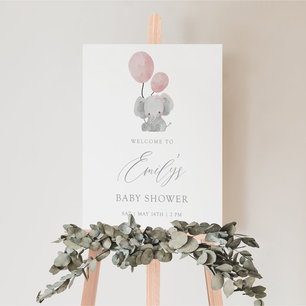 Pink Elephant baby shower welcome sign template, digital download 2031