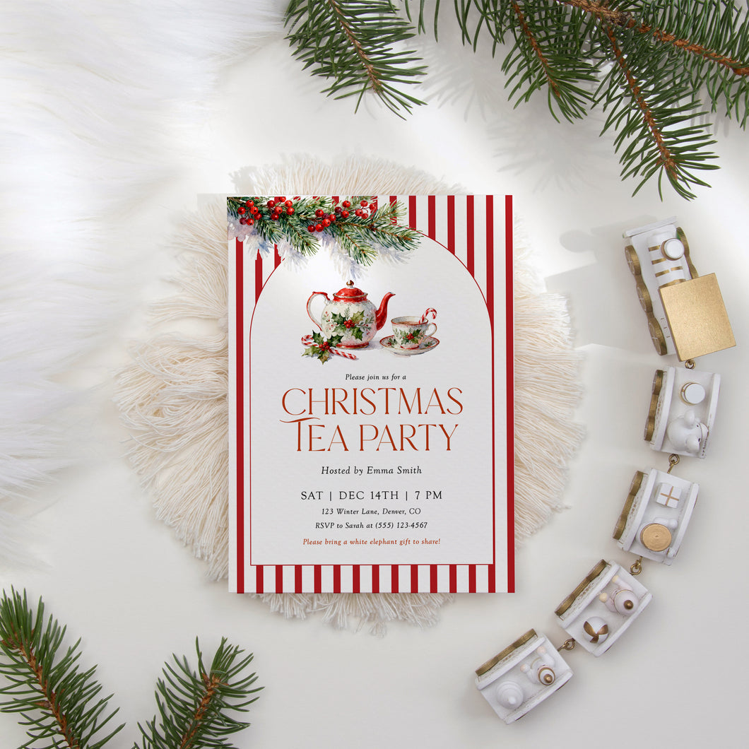 2033 Winter Christmas Tea Party Holiday Brunch Gathering Invite, Editable Template, Digital Download