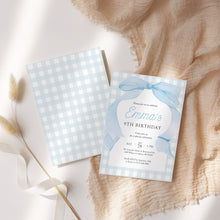 Load image into Gallery viewer, 0318 blue bow gingham birthday invitation
