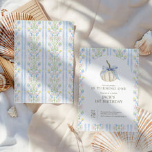 Load image into Gallery viewer, 0316 blue ivory pumpkin birthday invitation tempmlate
