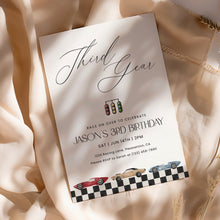 Load image into Gallery viewer, Third Gear Race Car 3rd Birthday Party Invitation For boy Editable Template 0330
