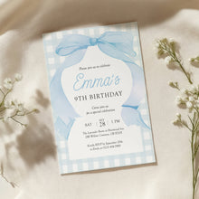 Load image into Gallery viewer, 0318 blue bow gingham birthday invitation
