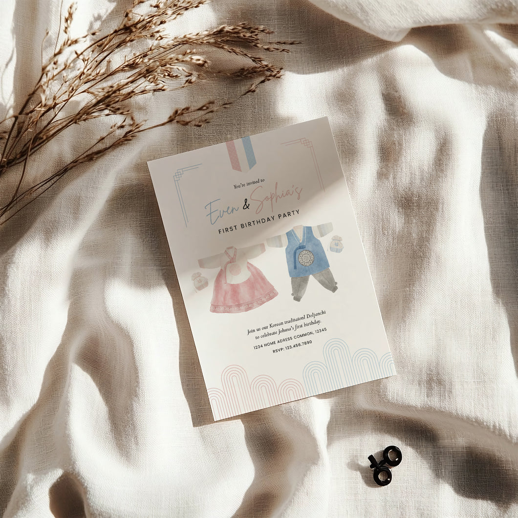 0304 Korean Twins Hanbok 1st birthday Dol invitation Template
