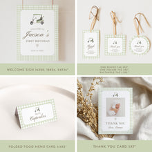 Load image into Gallery viewer, Hole in One 1st Birthday Bundle, Sage Green Golf Party Decor Template Set 0311
