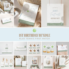 Load image into Gallery viewer, Blue First Match Tennis 1st Birthday Invitation Bundle Boy Party Template 0312
