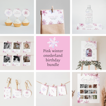 Load image into Gallery viewer, 0319 Pink Snowflake Winter Wonderland 1st Birthday Template Bundle (Digital Download)

