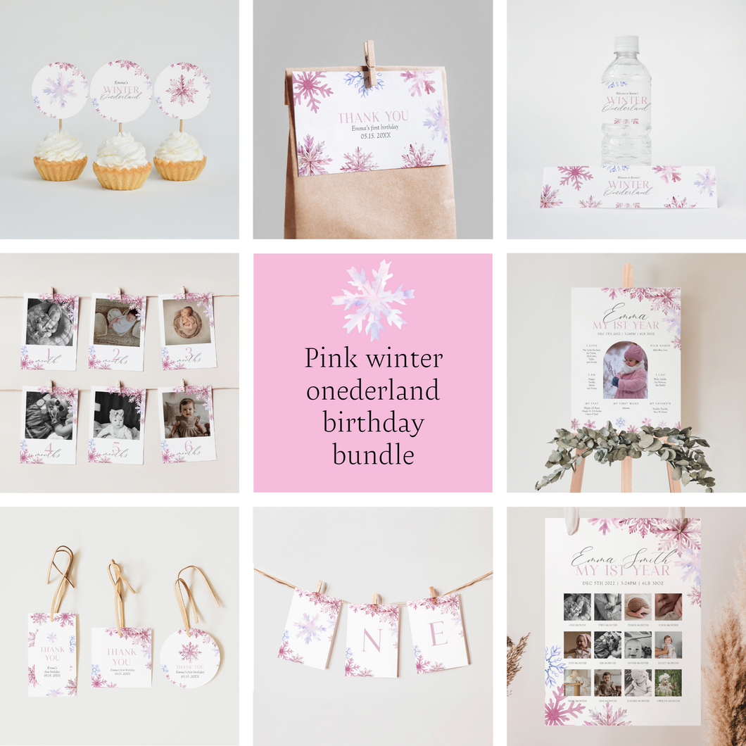 0319 Pink Snowflake Winter Wonderland 1st Birthday Template Bundle (Digital Download)