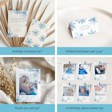 Load image into Gallery viewer, 0319 Blue Snowflake Winter Wonderland 1st Birthday Template Bundle (Digital Download)

