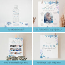 Load image into Gallery viewer, 0319 Blue Snowflake Winter Wonderland 1st Birthday Template Bundle (Digital Download)
