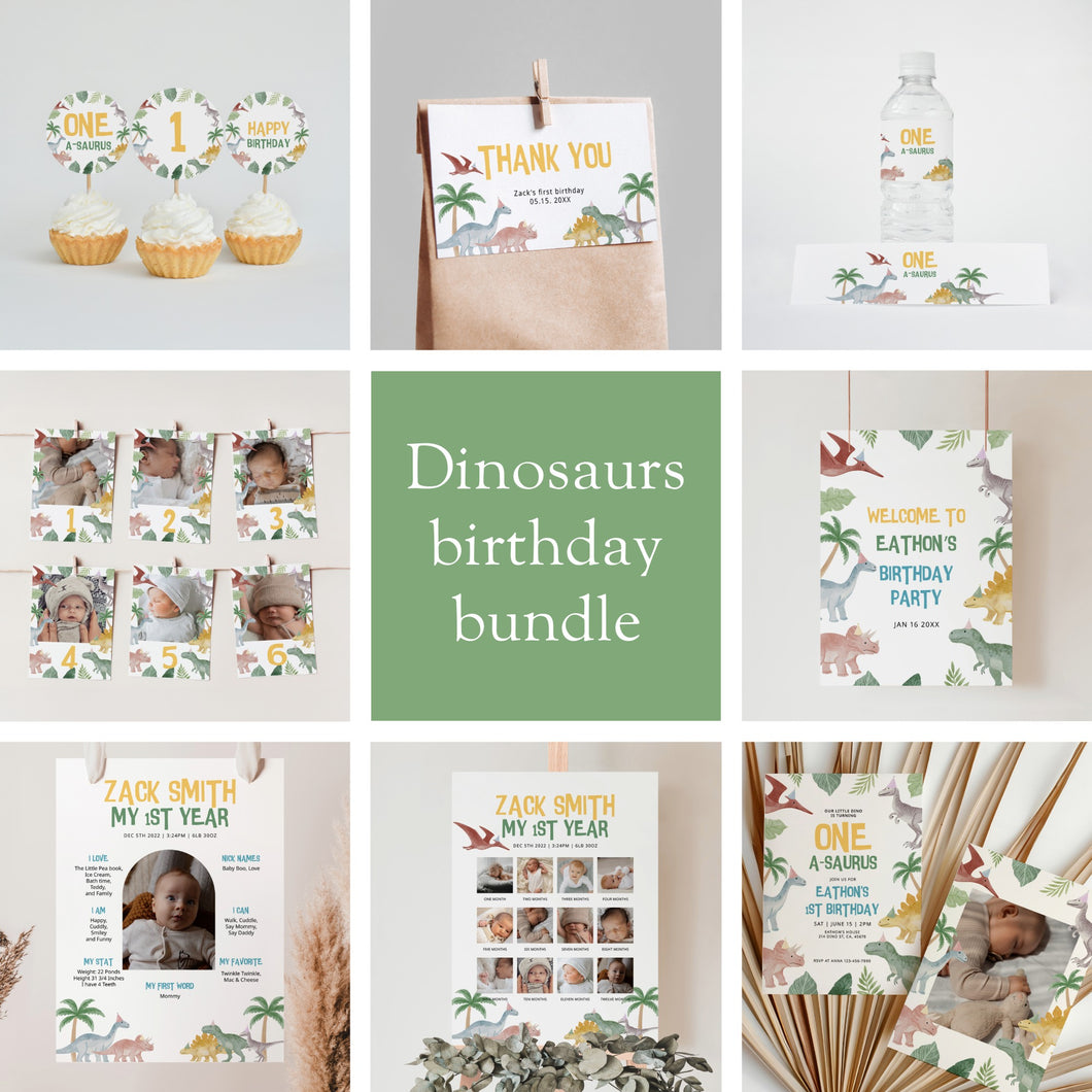 0323 Dino One a Saurus 1st Birthday Template Bundle - Editable Jungle Party Digital Download