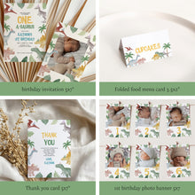 Load image into Gallery viewer, 0323 Dino One a Saurus 1st Birthday Template Bundle - Editable Jungle Party Digital Download
