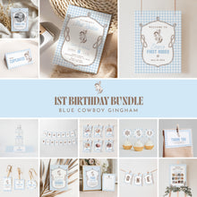 Load image into Gallery viewer, Blue Gingham First Rodeo 1st Birthday Party Bundle Boy Cowboy Western Decorations Editable Set 0336
