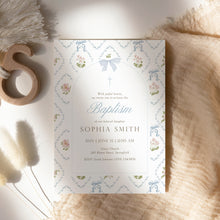 Load image into Gallery viewer, Coquette Bow Baptism Invitation Template, Blue Whimsical Floral Christian Girl Baptism 0502
