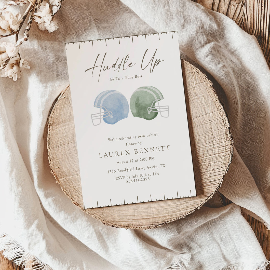 2032 Blue Green Football Helmet Huddle Up Twins Sports Shower Invite, Digital Download, editable template